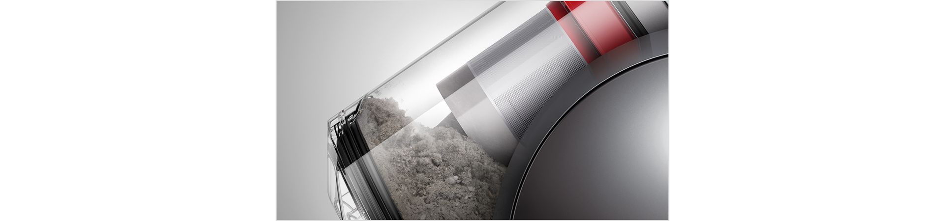 A close-up of the Dyson Cinetic Big Ball Animal Pro vacuum's transparent bin.