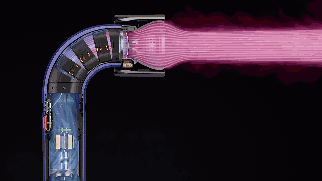 Schnittdarstellung der Technologie im Inneren des Dyson Supersonic r Professional Haartrockners, die den Luftstrom, der durch den aufgesetzten intelligenten Aufsatz strömt, zeigt.