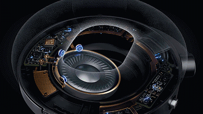 A cutaway of Dyson OnTrac headphones with a visualisation of the audio plume.