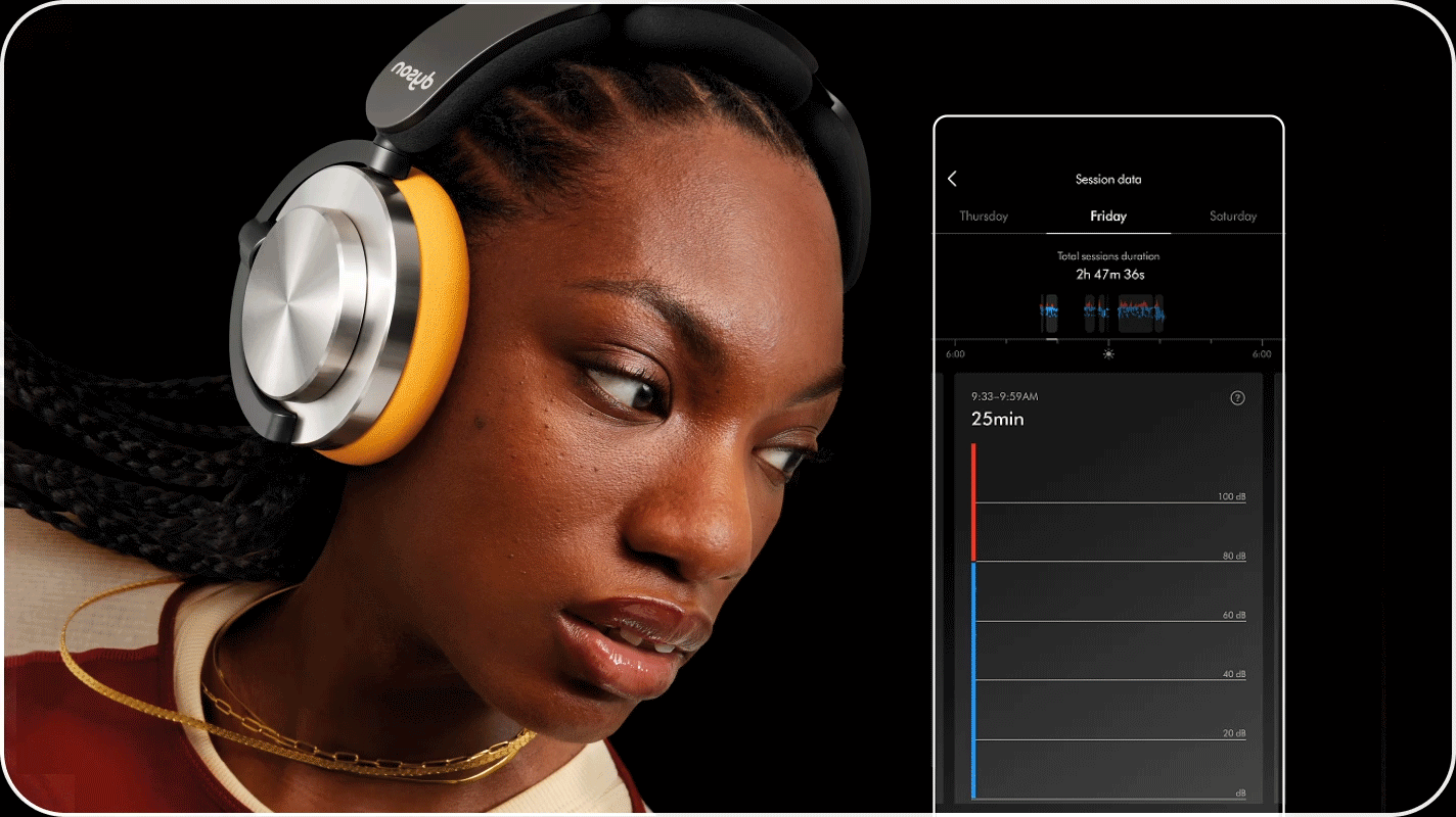 Owner listening to their Dyson OnTrac headphones with the MyDyson app showing how long they've been listening for.