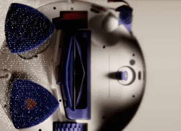 Close-up of the Reuleaux triangle wash pad on the Dyson R2 Nurovi Wash+Dry robot vacuum cleaner.