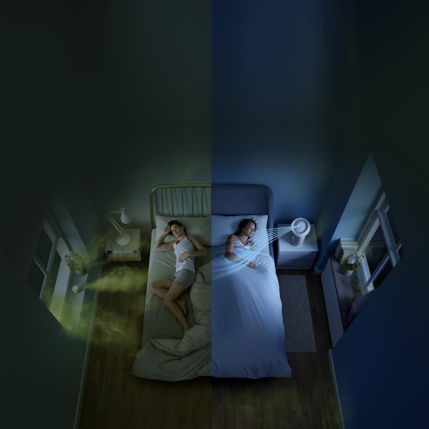 Splitscreen of an uncomfortable woman in bed surrounded by sources of indoor air pollution, and a woman with a Dyson personal purifying fan enjoying a comfortable night's rest
