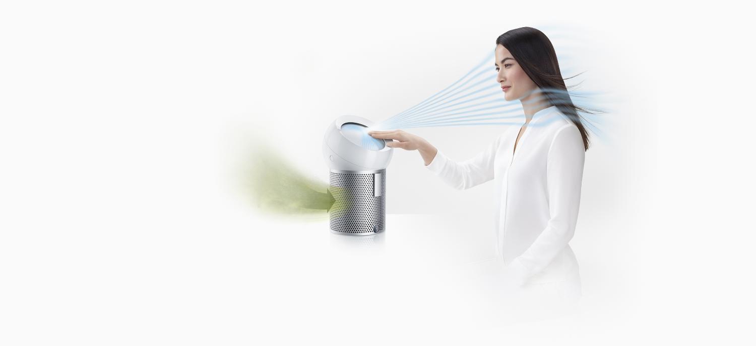 " A Dyson personal purifying fan in white and silver."
