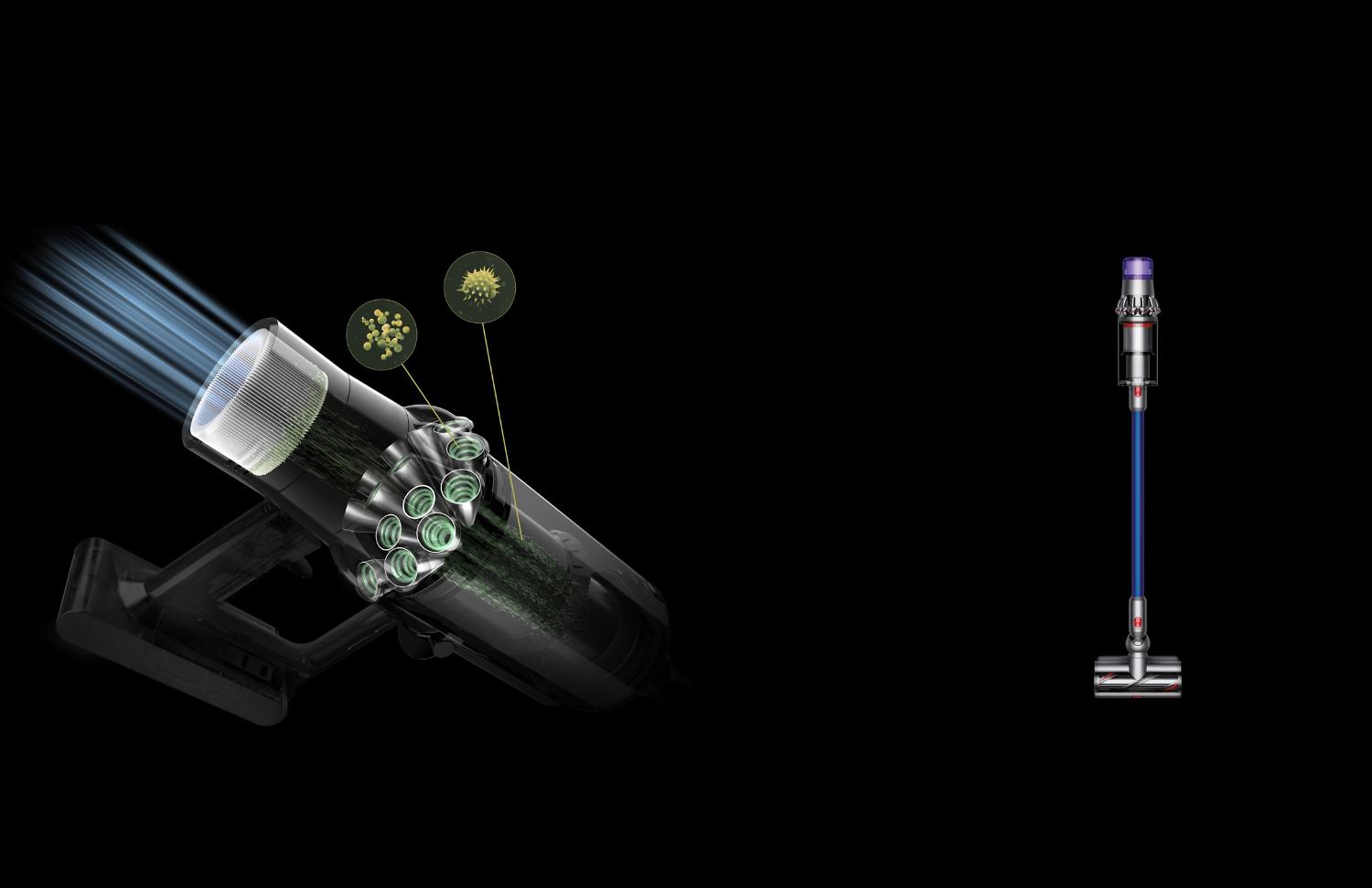 Cutaway of the Dyson V11™ vacuum's six-stage filtration system