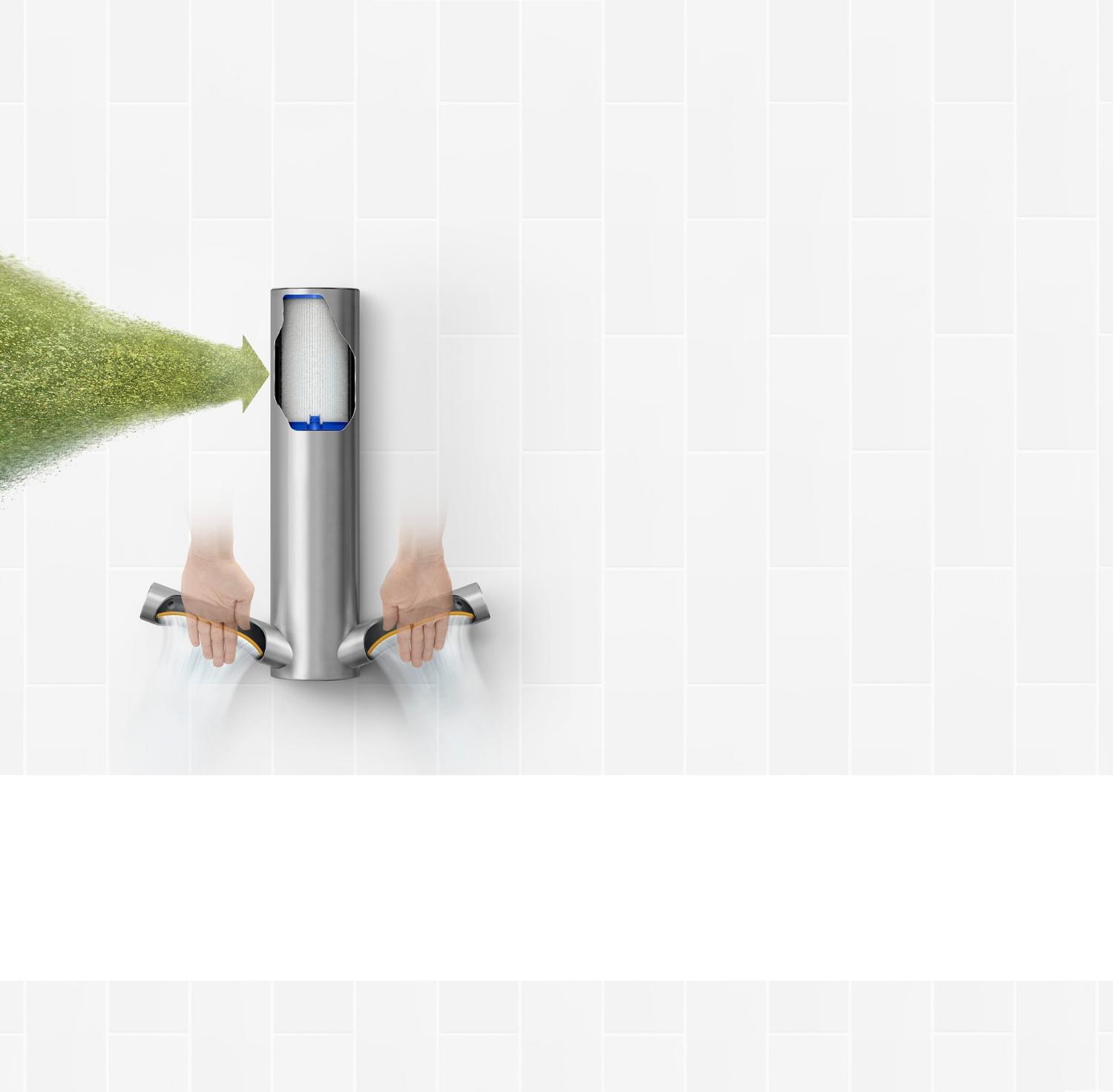 Dyson Airblade 9kJ hand dryer cutaway revealing a HEPA filter