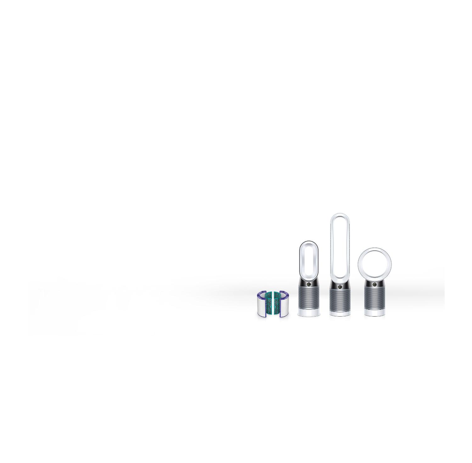 A Dyson purifier range in a row including a filter