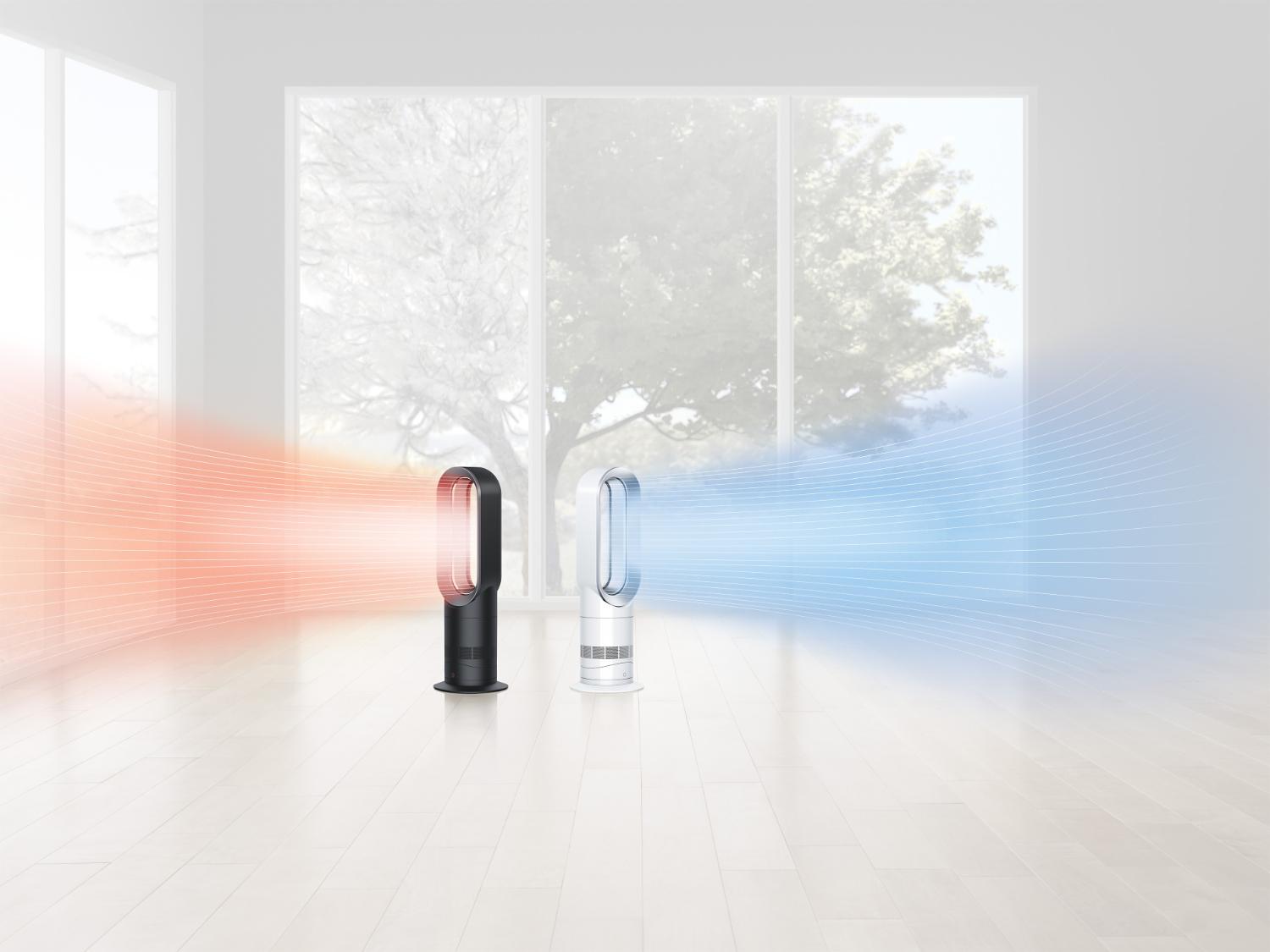 Dyson fan heater projecting cool and hot air