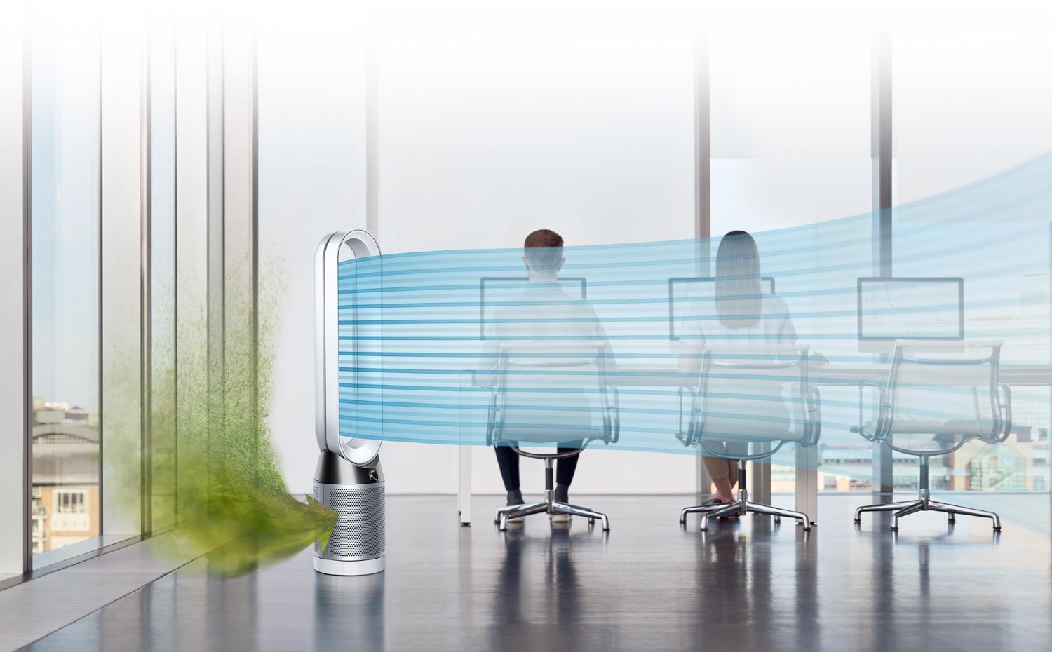 A man and woman in an office setting. A microscopic image shows pollution in the air.