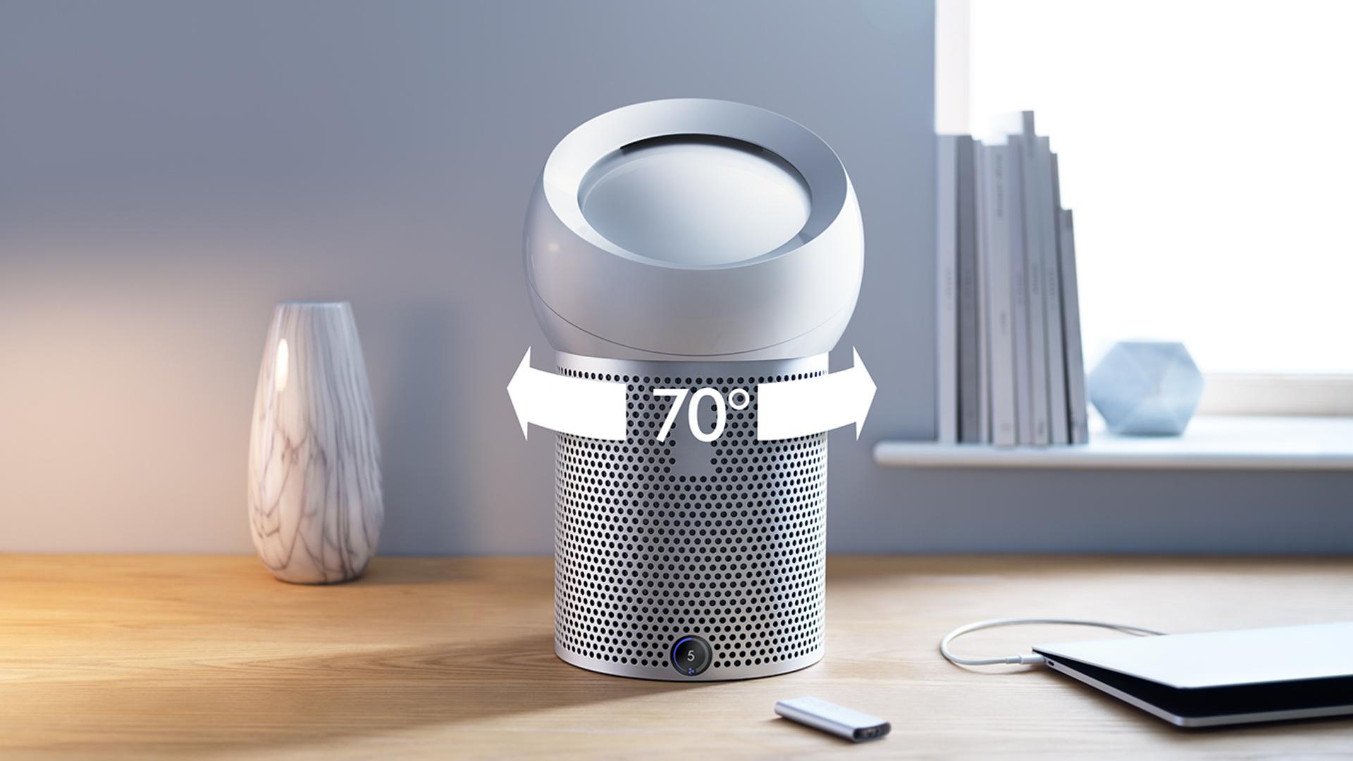 Schemat pokazujący oscylację 70 stopni osobistego wentylatora oczyszczającego Dyson Pure Cool Me