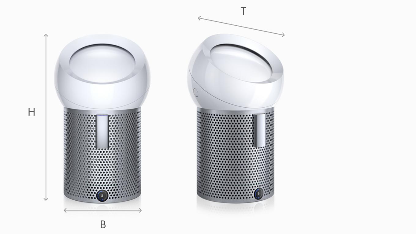 Dyson Pure Cool Me in Seiten- und Vorderansicht