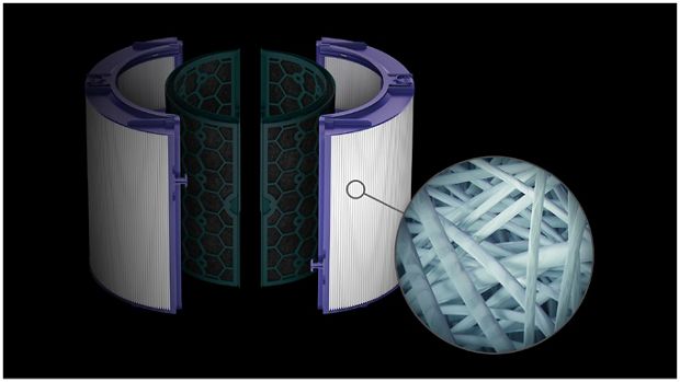 A Dyson szűrőben található boroszilikát mikroszálak közelképe 