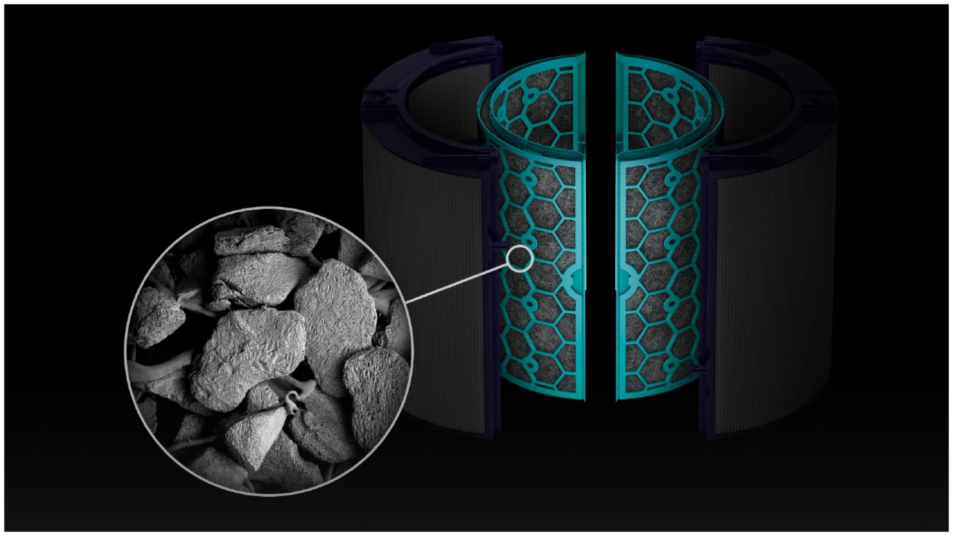 Prim-plan cristale de cărbune în filtrul Dyson 