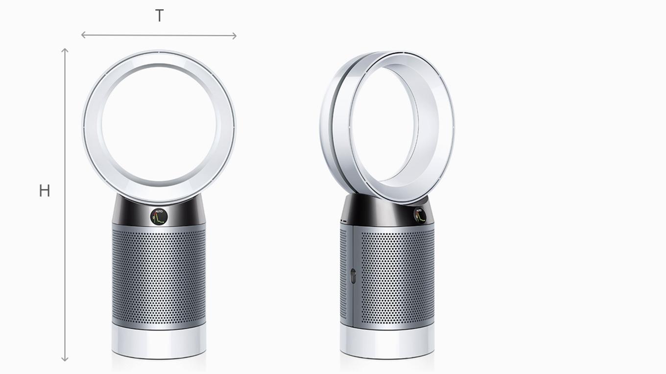Dyson Pure Cool Tischventilator in Seiten- und Vorderansicht