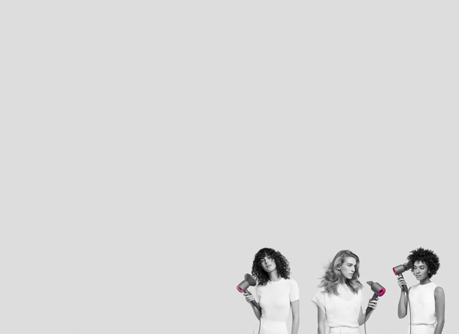 Three women using the Dyson Supersonic on different hair types.