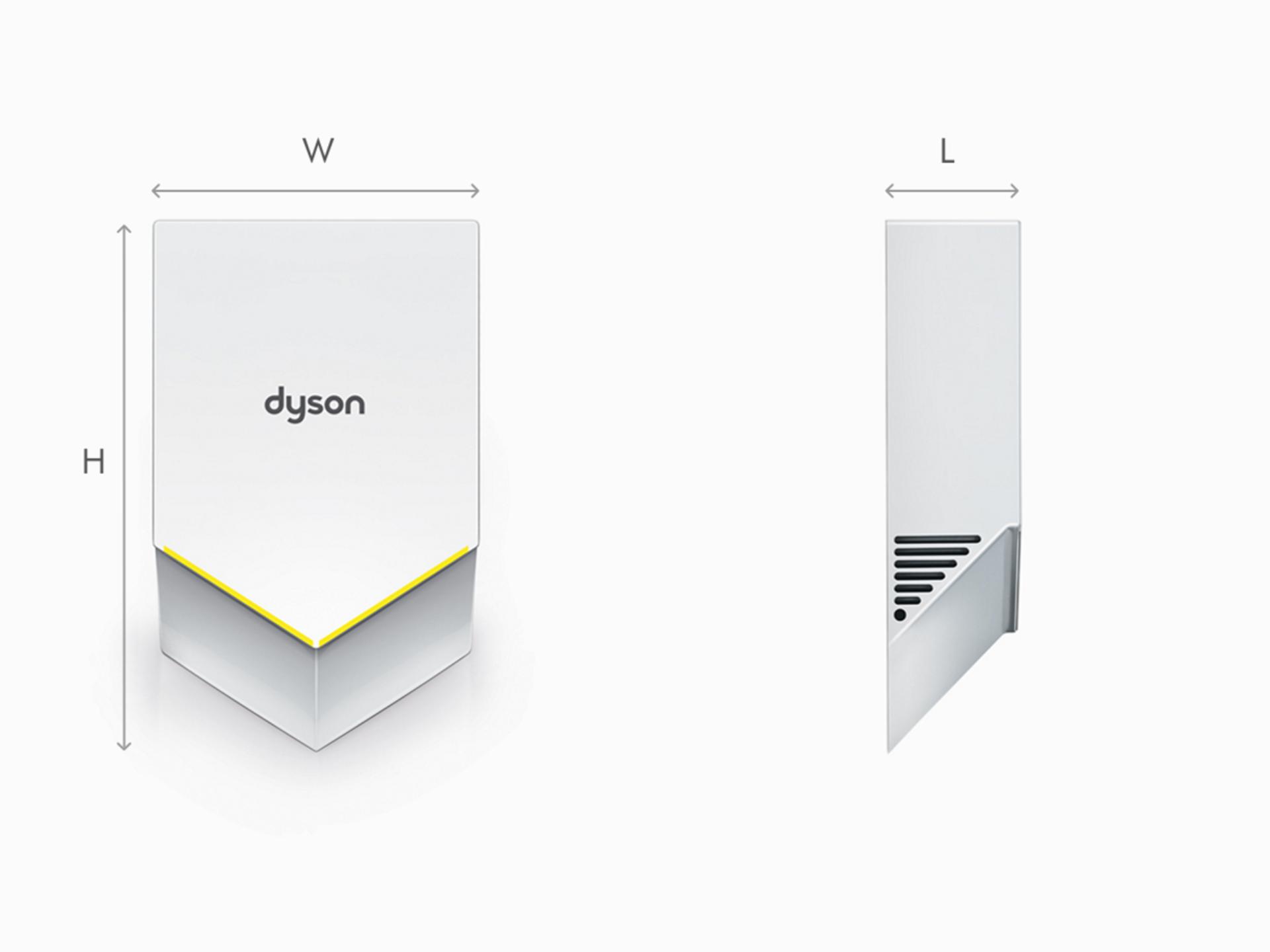 Ilustracja wymiarów białej suszarki do rąk Dyson Airblade V