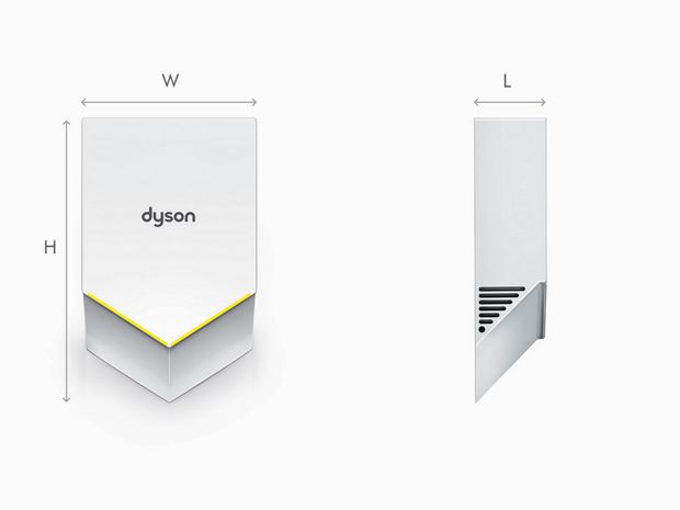 איור של מימדי מייבש הידיים Dyson Airblade V