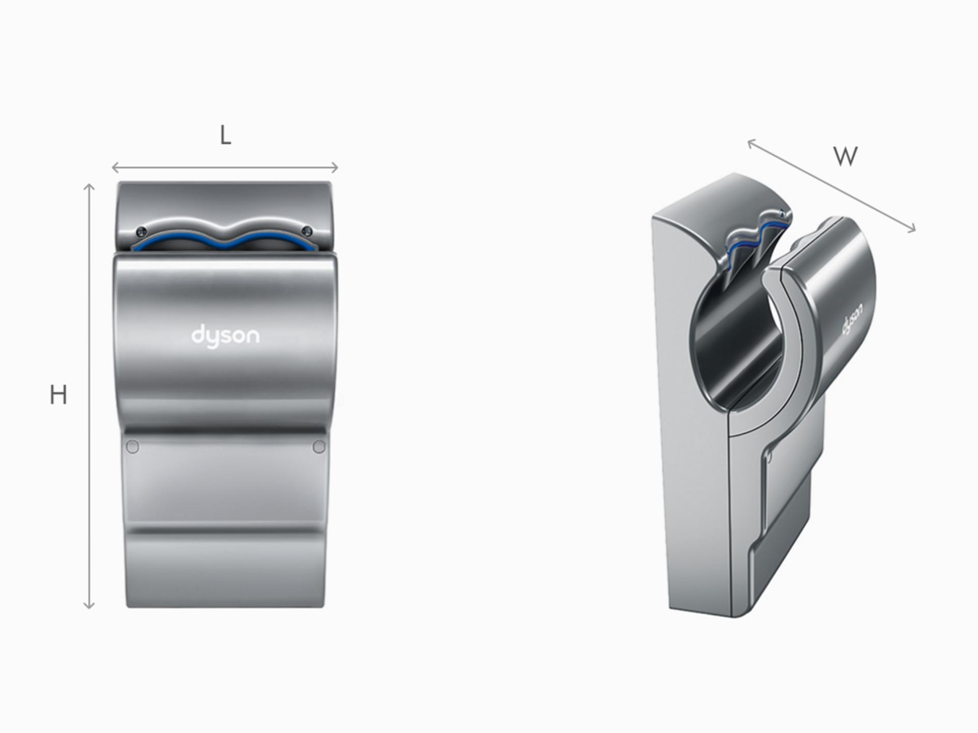 Znázornění rozměrů šedého osoušeče rukou Dyson Airblade dB