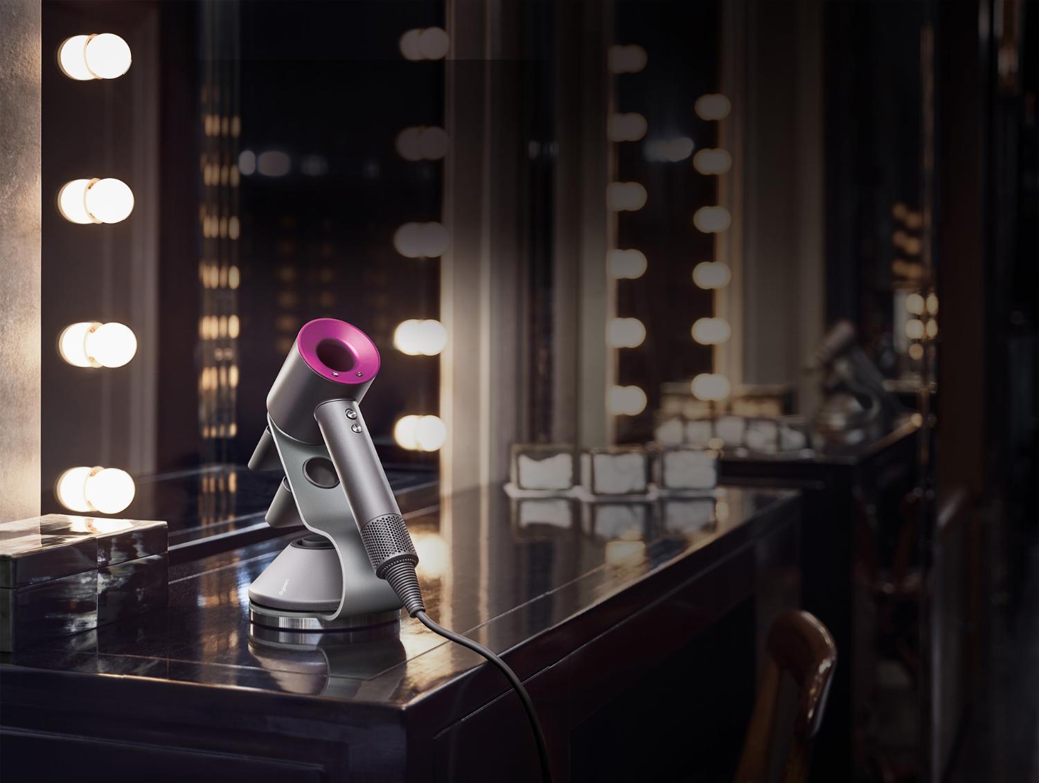 Dyson hair dryer on vanity table