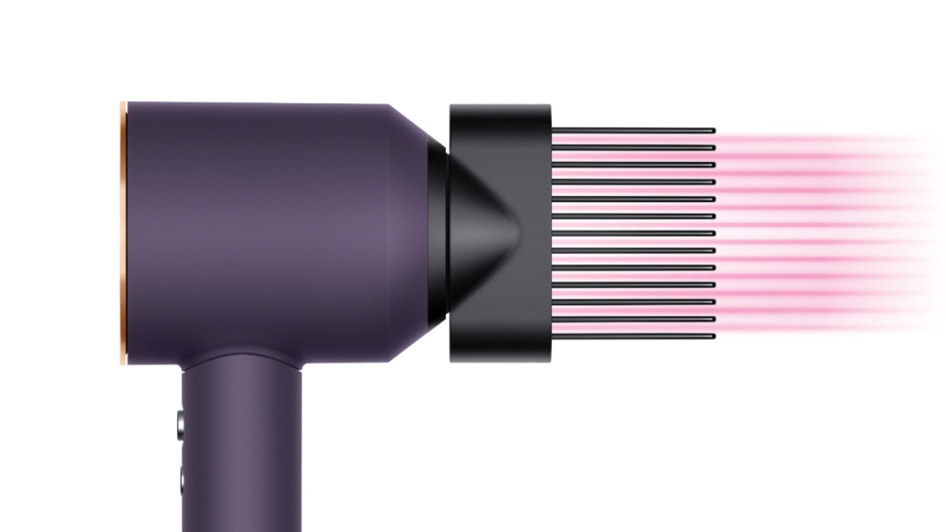 The Dyson Supersonic Professional hair dryer in Bright copper with the Wide-tooth comb attachment.The Dyson Supersonic Professional hair dryer in Bright copper with the Gentle air attachment.