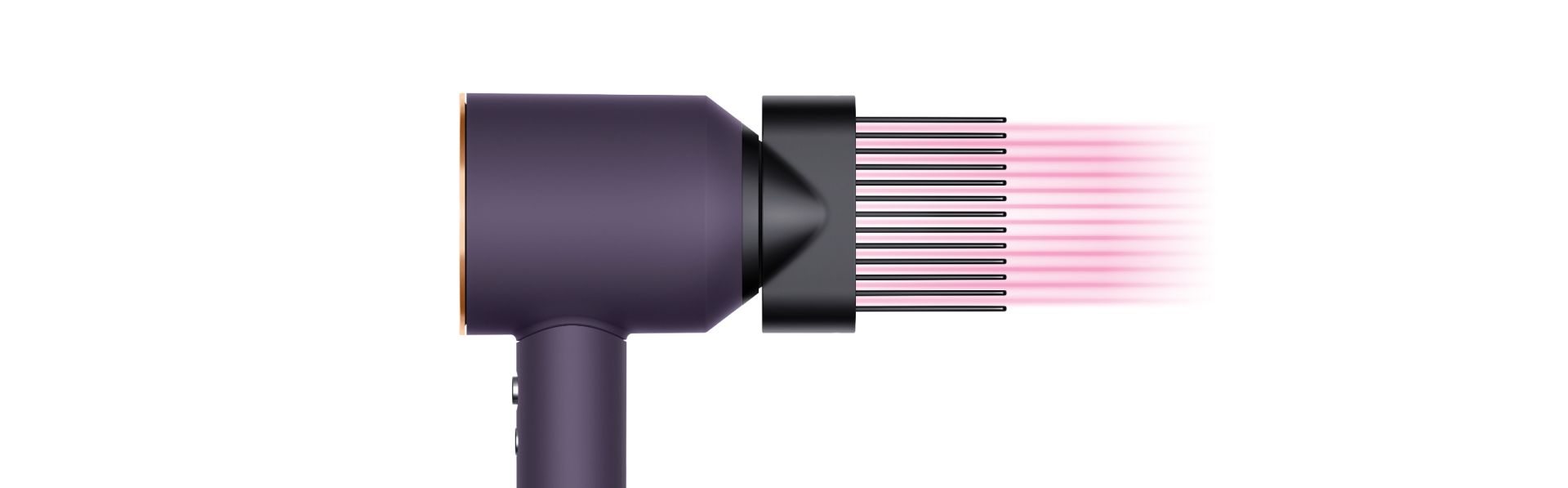 The Dyson Supersonic Professional hair dryer in Bright copper with the Wide-tooth comb attachment.The Dyson Supersonic Professional hair dryer in Bright copper with the Gentle air attachment.