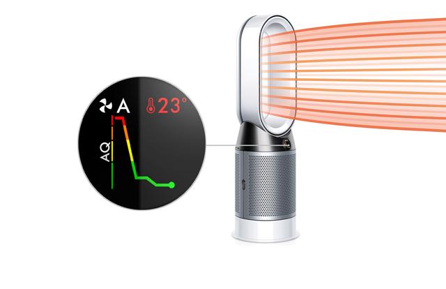 Dyson Pure Humidify+Cool drawing in dirty air and projecting purified, humidified air
