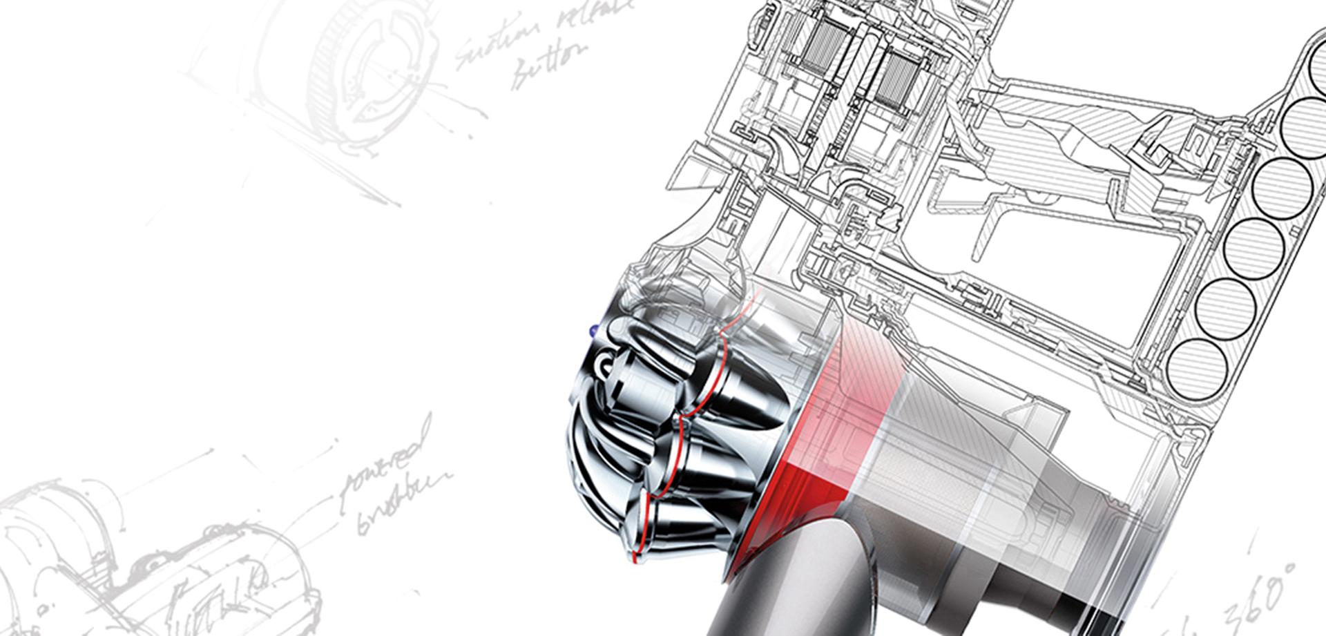ภาพสเก็ตช์ภายในเครื่องดูดฝุ่นแบบด้ามจับของ Dyson
