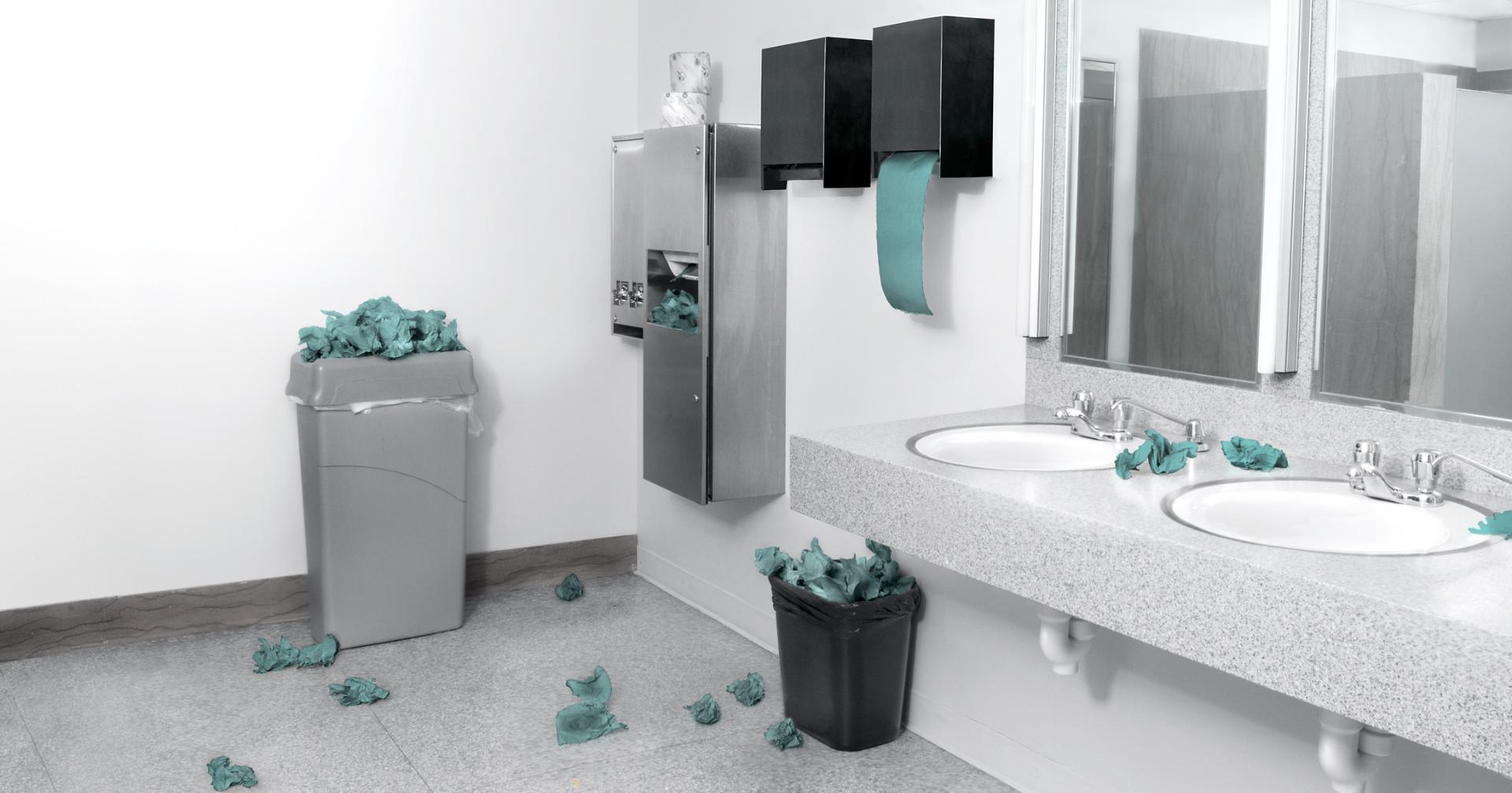 Washroom with paper towels on the floor and in overflowing bins