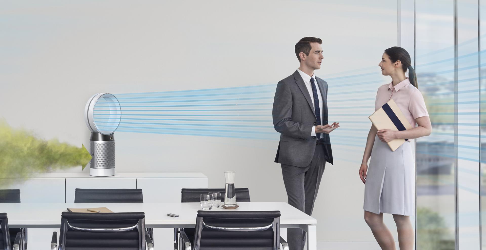 Dyson Pure Cool desk purifying fan ingesting dirty air and projecting purified air