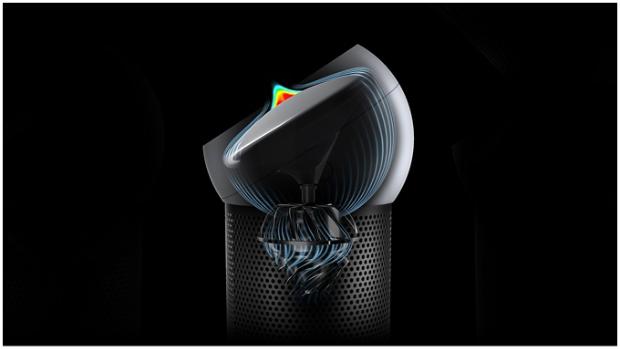 X-ray of the Dyson Pure Cool Me personal purifier fan with air convalescing on the surface of the dome