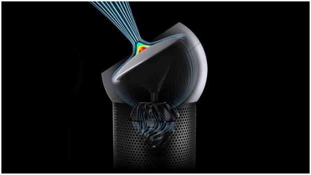 X-ray of the Dyson Pure Cool Me personal purifier fan with air projecting from the surface of the dome