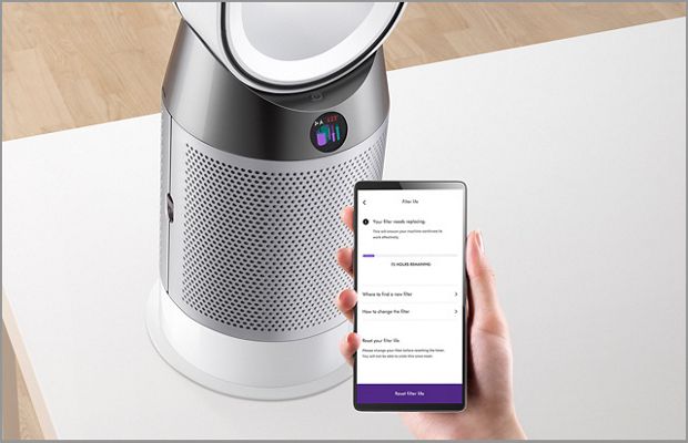 A légtisztító fűtőventilátort vezérlő Dyson Link alkalmazás szemléltetése