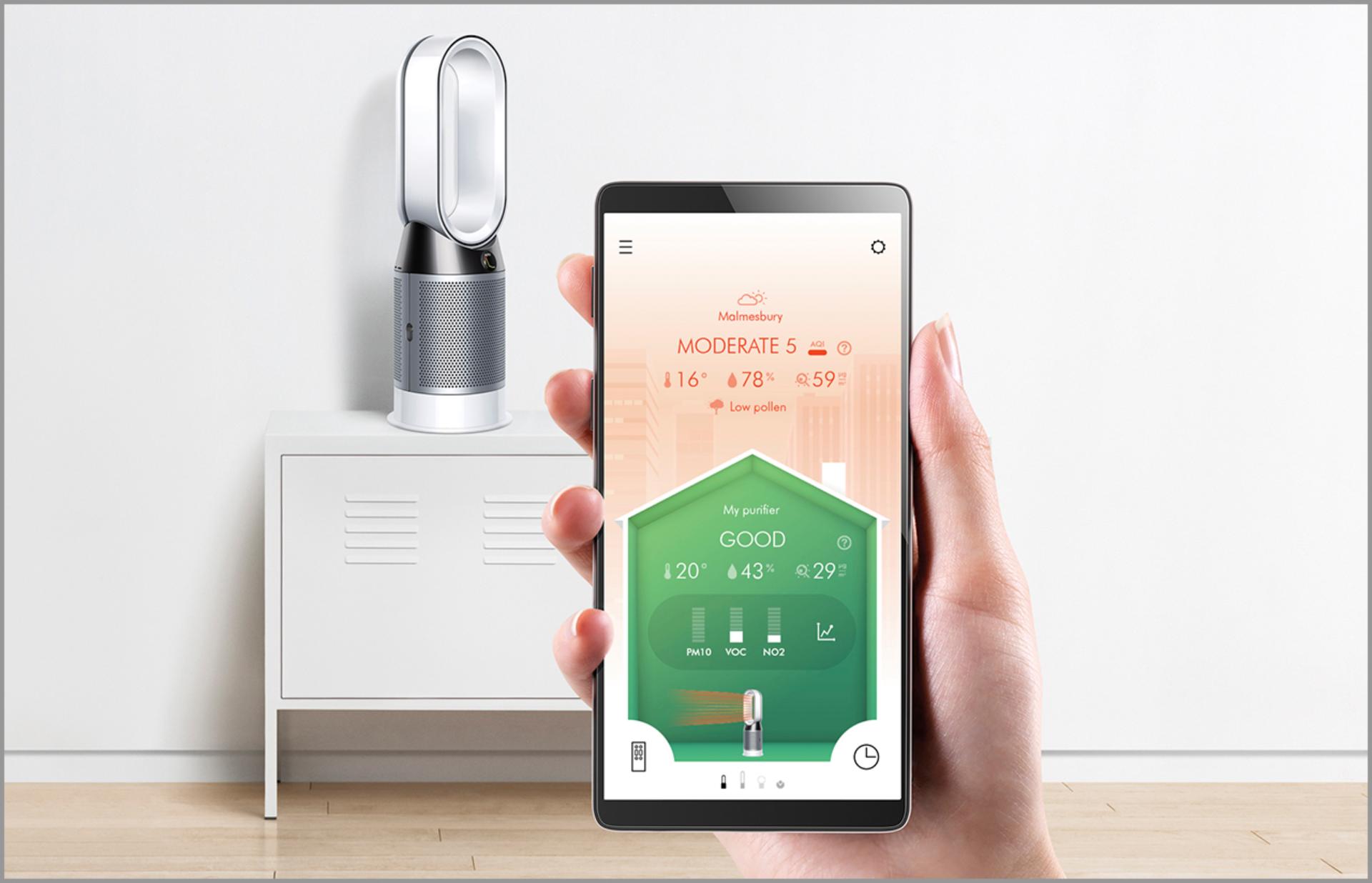 Lähivaade rakendusest Dyson Link õhupuhastiga ventilaatori ees