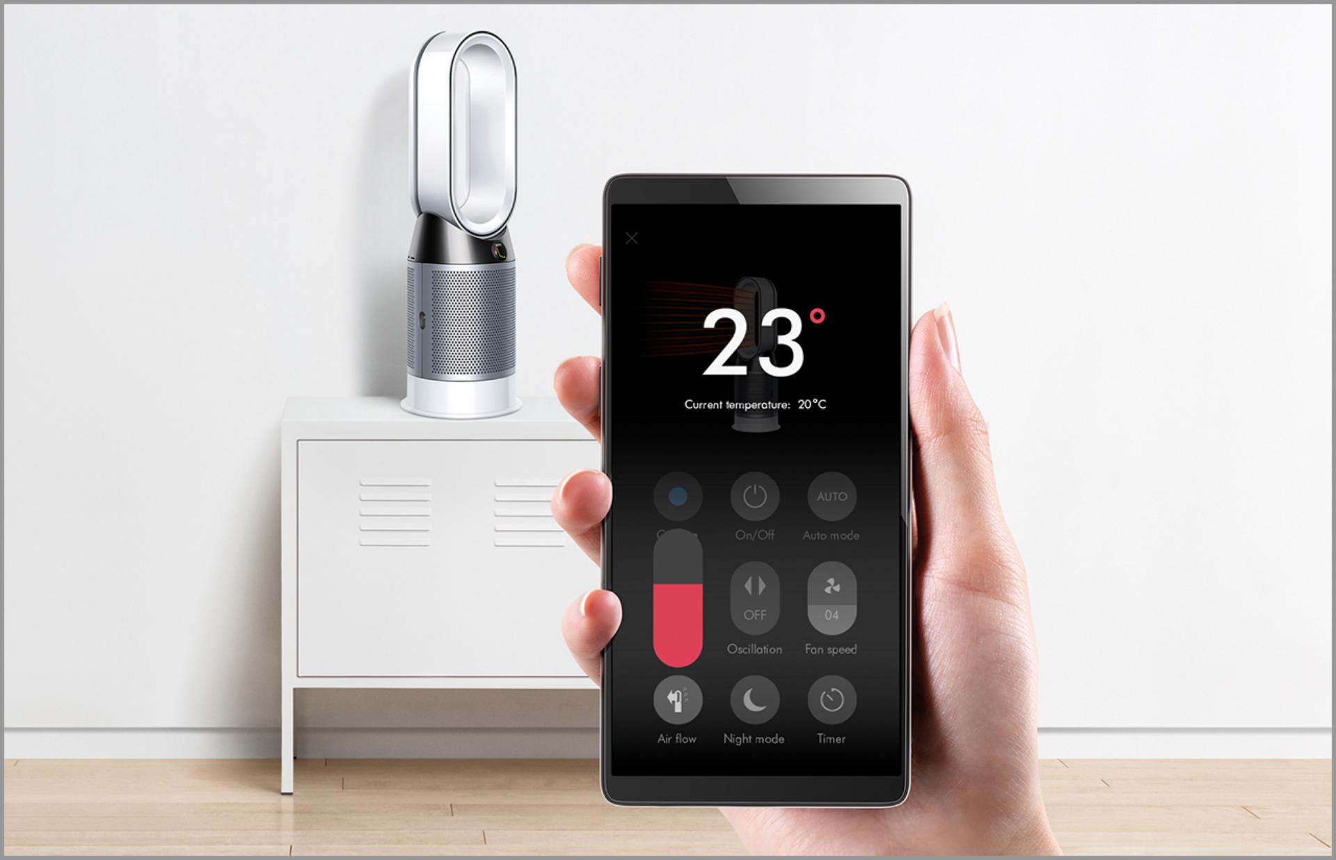 Close-up of Dyson Link app targeting temperature in front of purifier fan heater 