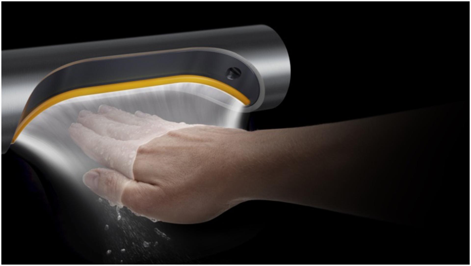A Dyson Airblade 9kJ kézszárítóból áramló levegősugár