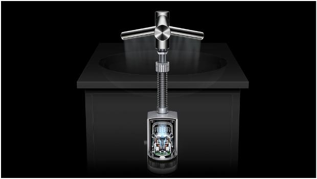 The Dyson Airblade Wash+Dry tap with the motor exposed