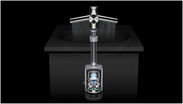 The Dyson Airblade Wash+Dry tap with the motor exposed