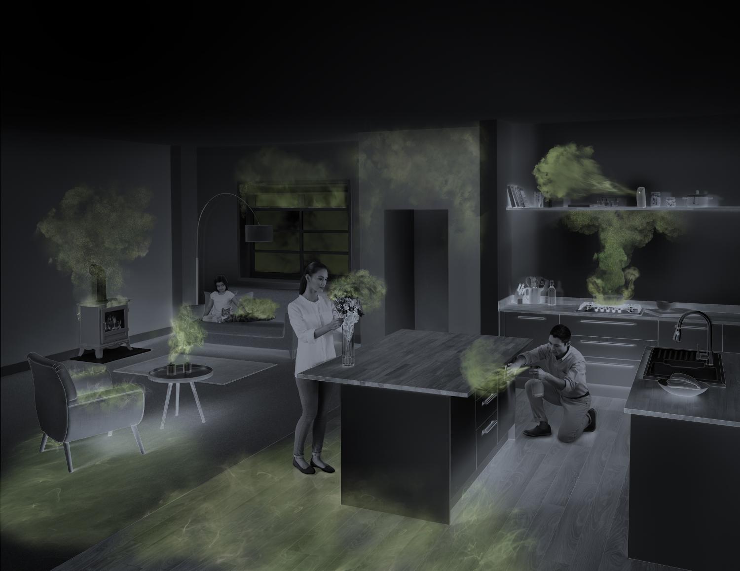 A large family room with numerous sources of indoor air pollution, including candles, flowers, cleaning sprays and the stove