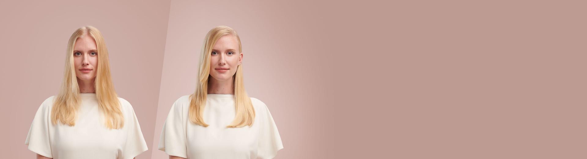 A model's before and after side-by-side. On the left her hair is straight and frizzy, on the right it is smooth and straight.