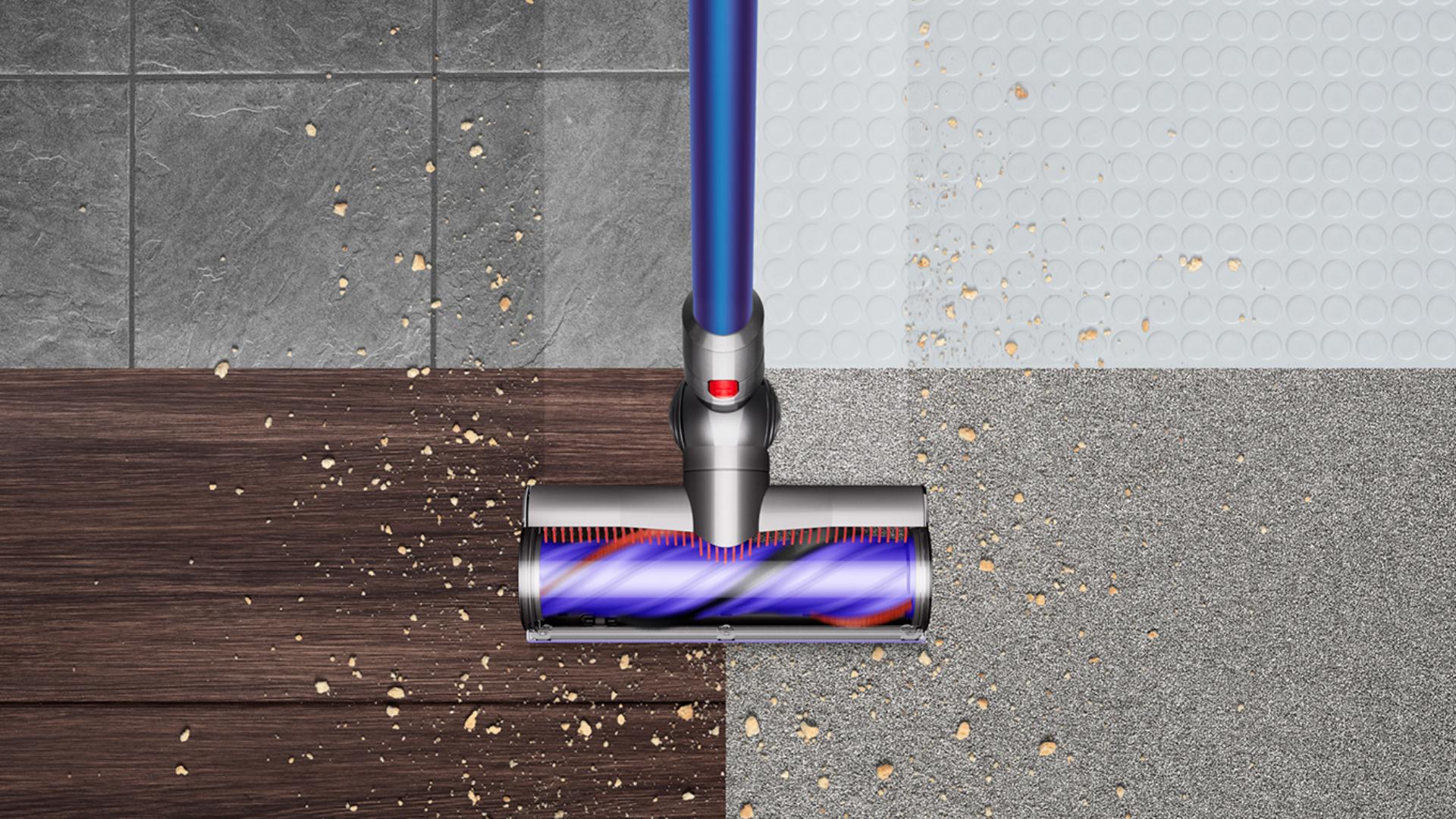 The Dyson V11 Total Clean being used across four different floor types.