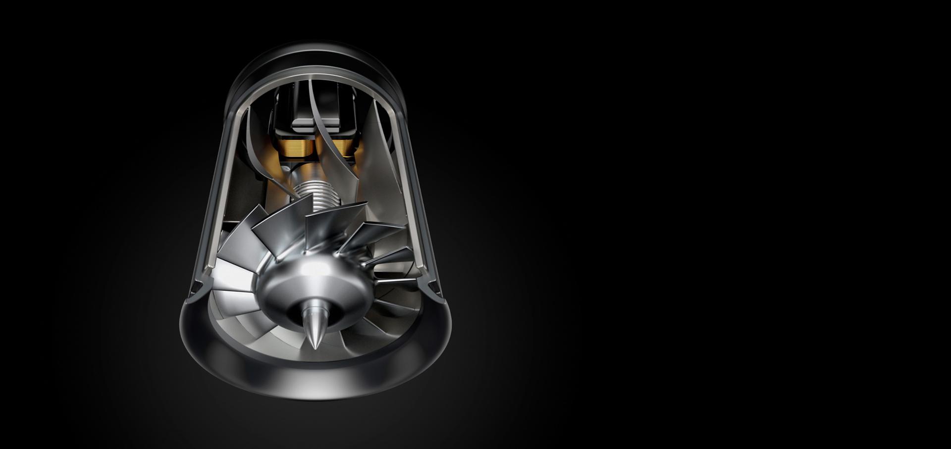 מבט תחתון על מנוע V9 הדיגיטלי של Dyson והמדחף