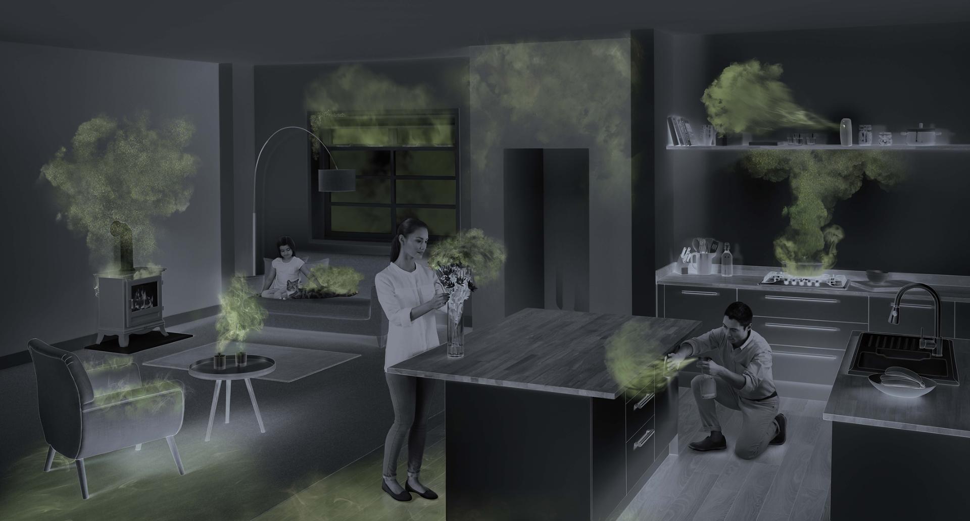 הדגמה של חלקיקים הנישאים באוויר ואלרגניים בסלון