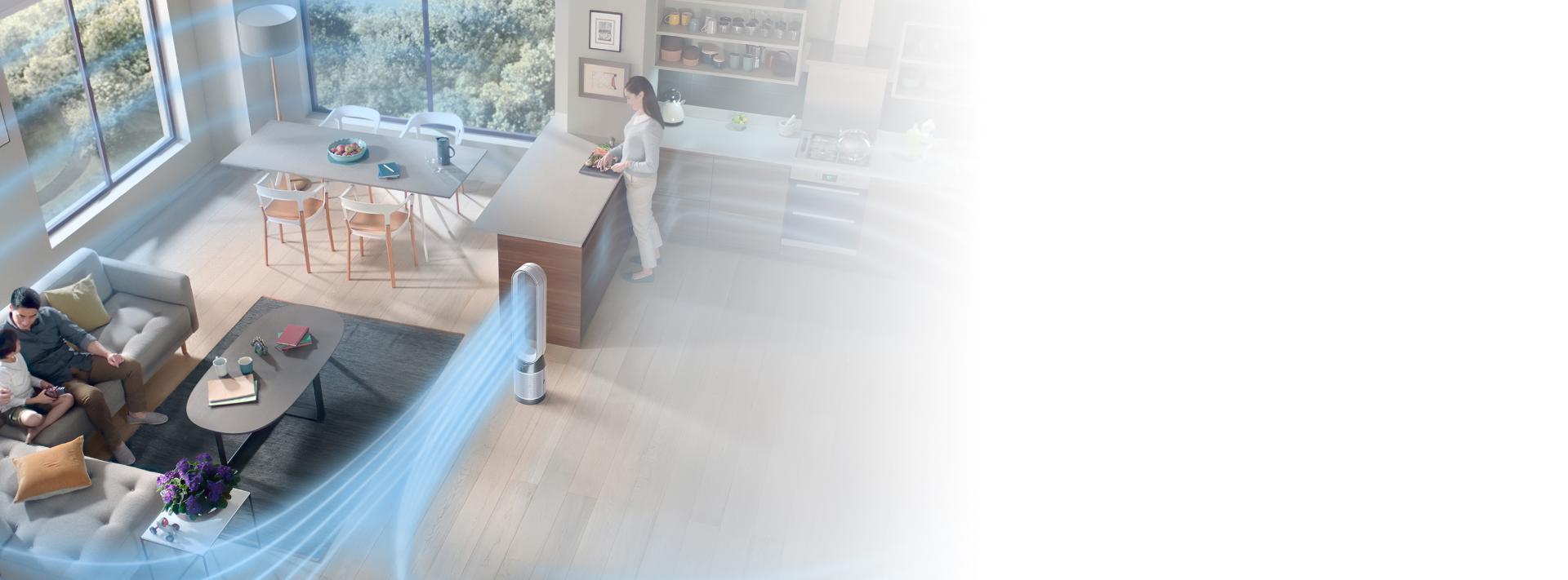 The Dyson Purifier Cool PC1 air purifier purifying a large room.