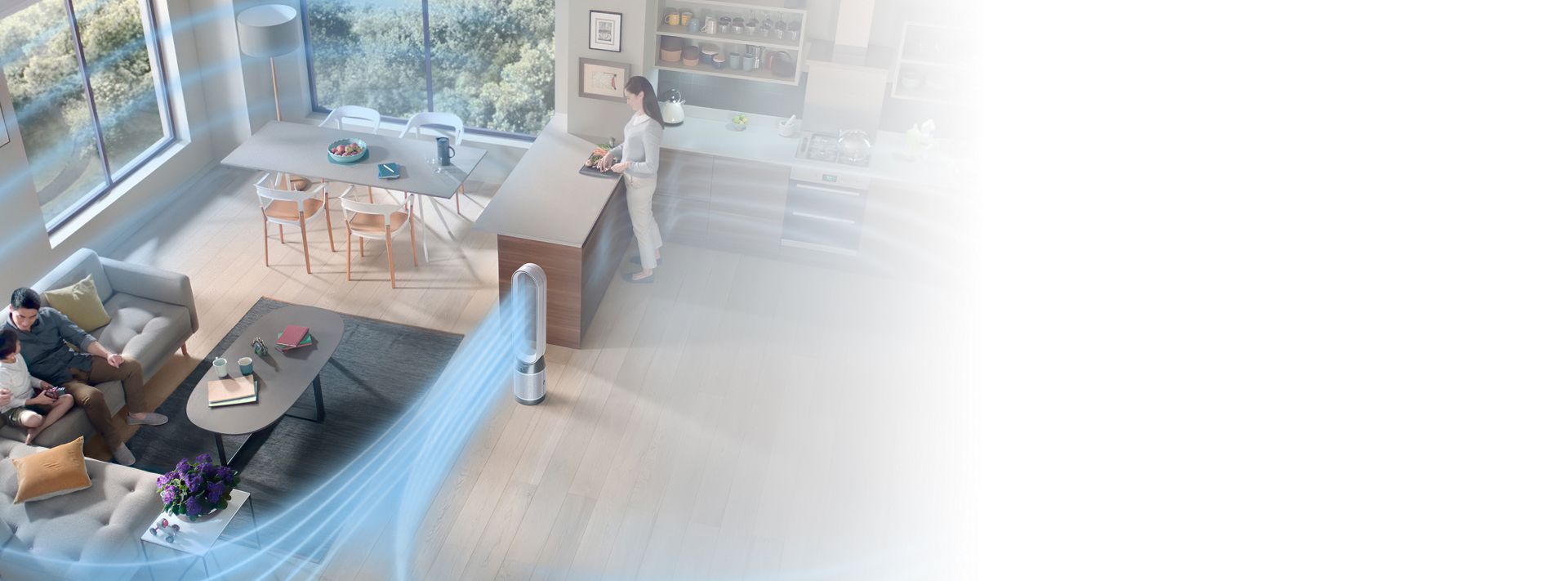 The Dyson Purifier Cool PC1 air purifier purifying a large room.