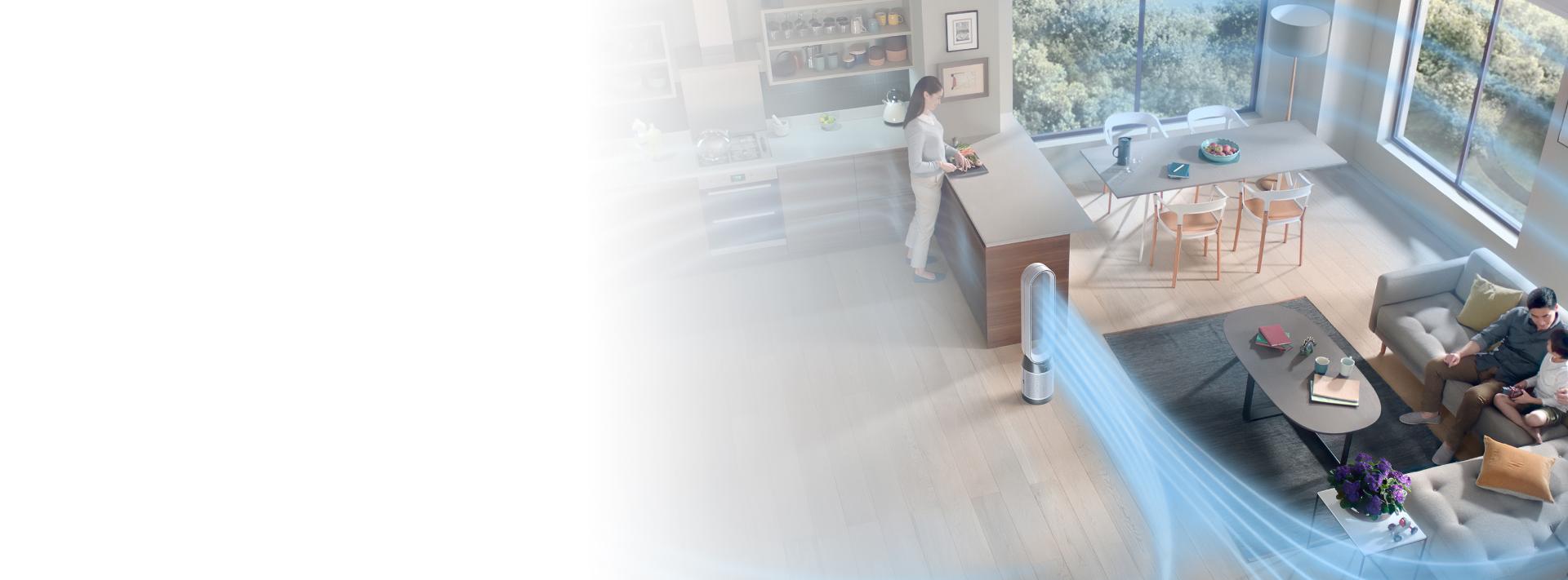 The Dyson Purifier Cool PC1 air purifier purifying a large room.