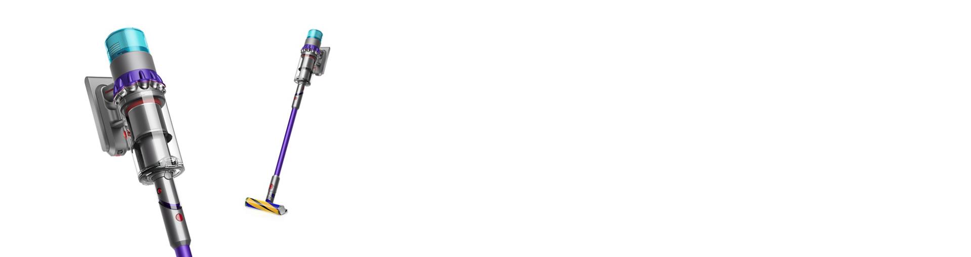 لقطة تعرض مكنسة Dyson Gen5detect™ بكامل طولها، مع صورةٍ مُقرَّبة للأنبوب المجمع.