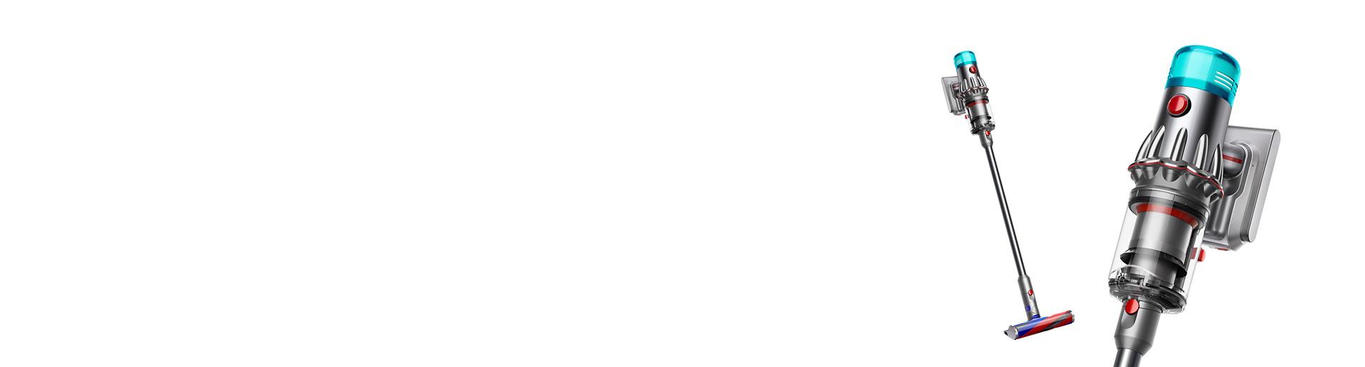 The Dyson V12 Origin vacuum shown full length, and a close up of the manifold.