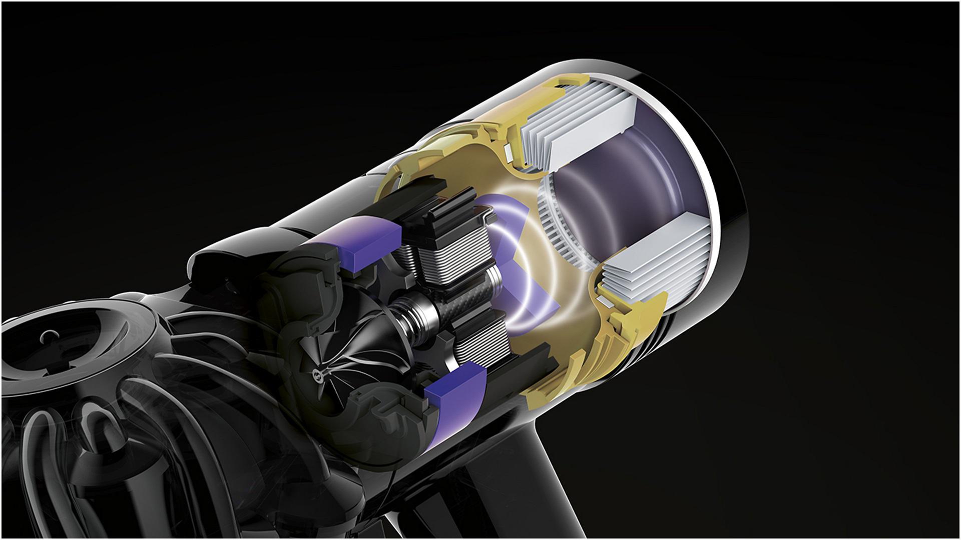 Xray of inner workings of Dyson V7 motor and streamlined airways
