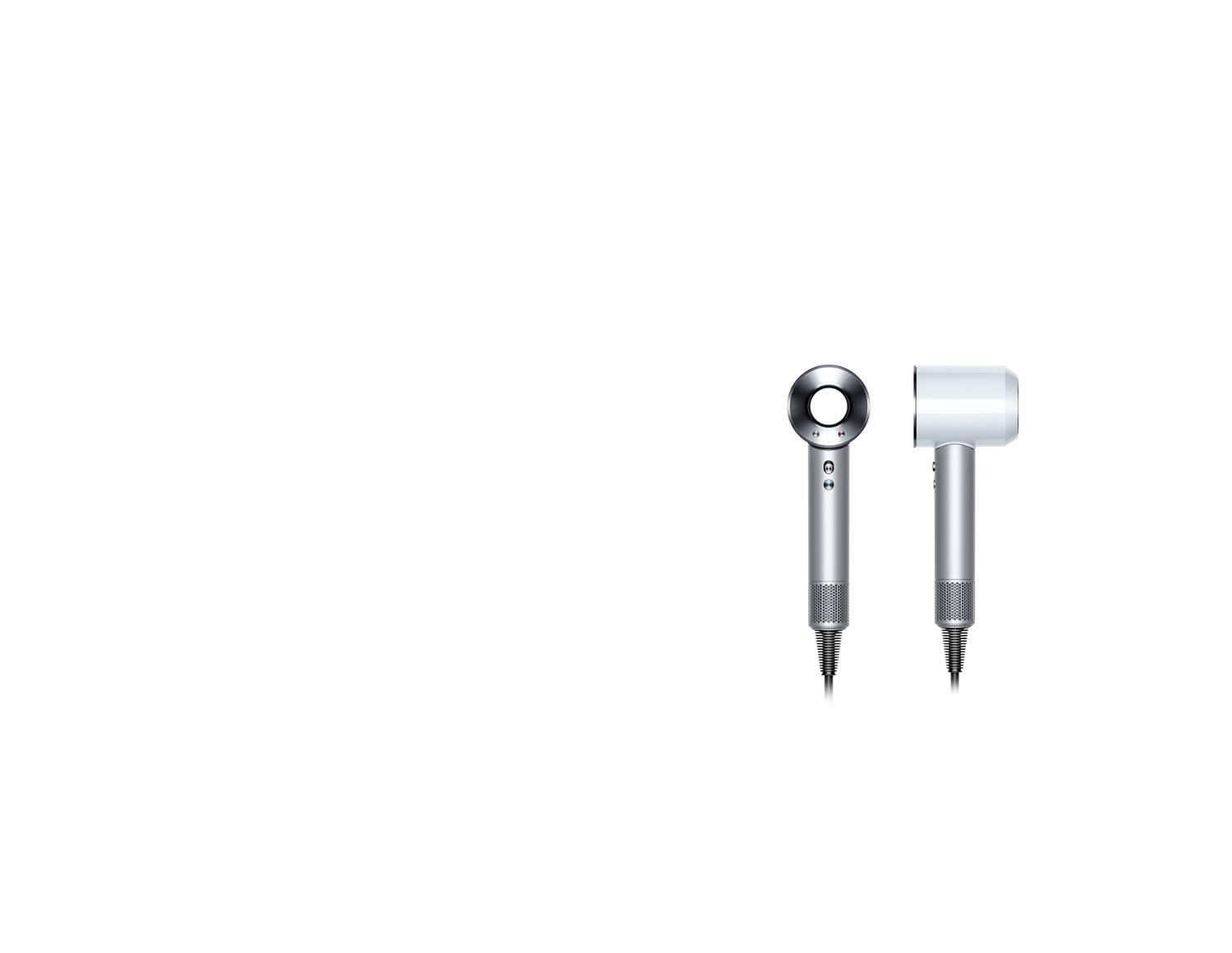 The Dyson Supersonic™ hair dryer in White/Silver.r The Dyson Supersonic™ hair dryer in White/Silver.