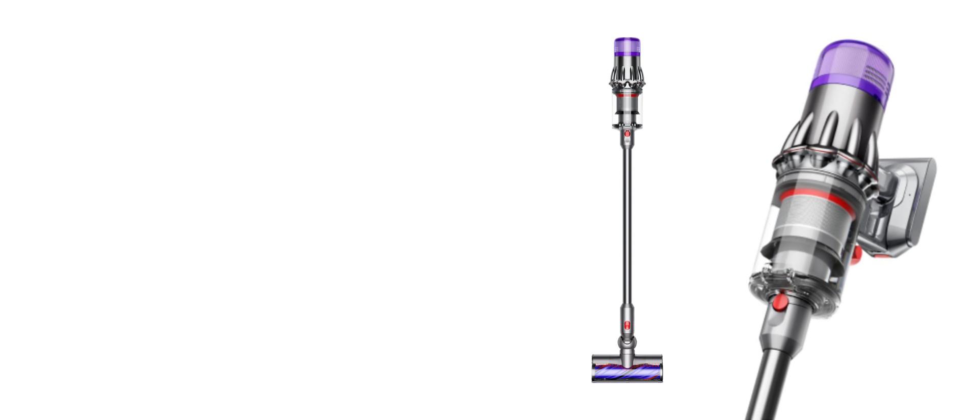 The Dyson V9 vacuum front and side view.