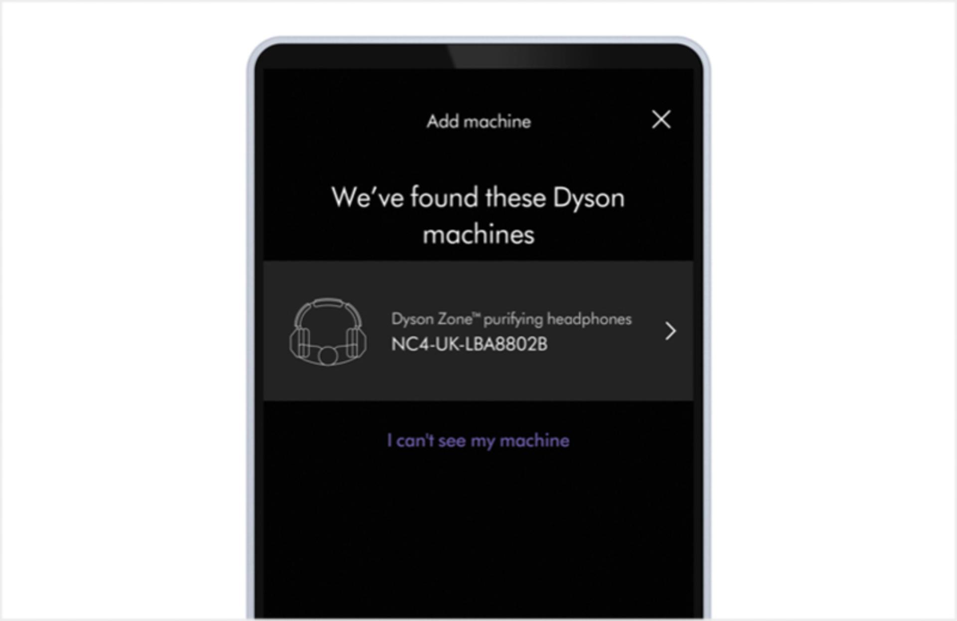 Bir akıllı telefonda görüntülenen MyDyson uygulamasındaki eşleştirme ve bağlantı ekranı.